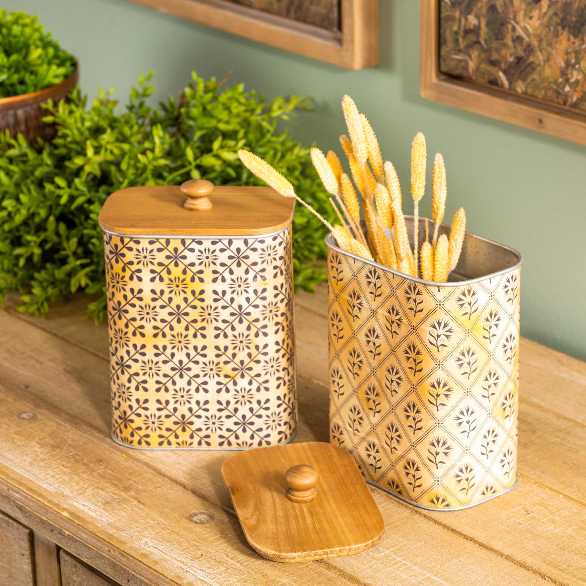 Geometric Canister with Natural Wood Lid Set